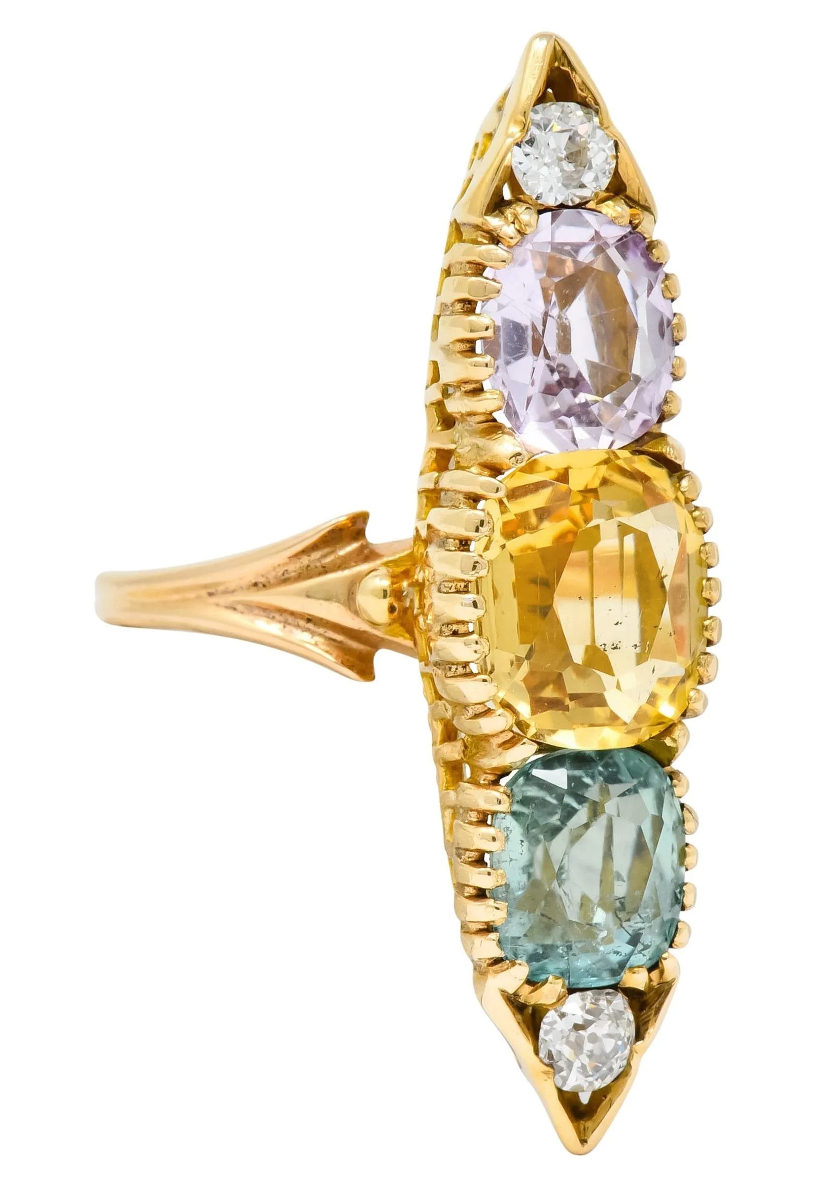 Victorian 7.30 CTW Topaz Tourmaline Diamond 14 Karat Gold Five Stone Dinner Ring