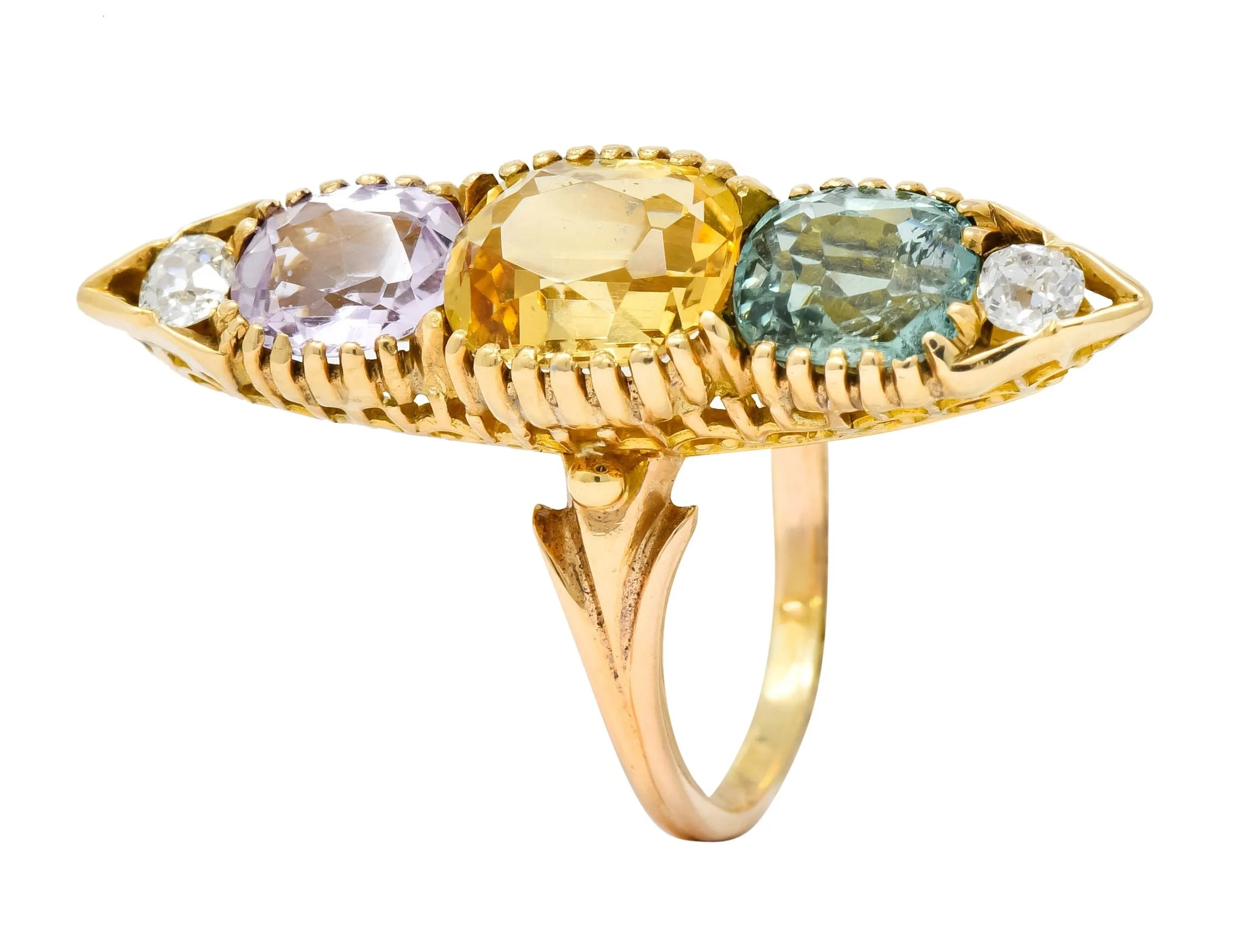 Victorian 7.30 CTW Topaz Tourmaline Diamond 14 Karat Gold Five Stone Dinner Ring