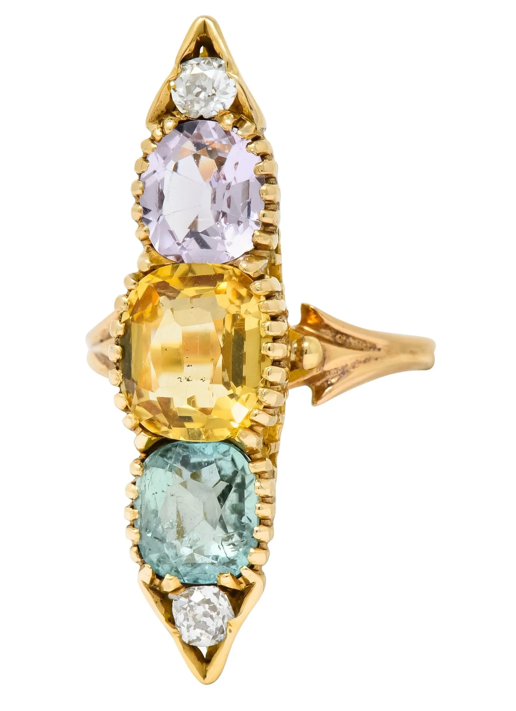 Victorian 7.30 CTW Topaz Tourmaline Diamond 14 Karat Gold Five Stone Dinner Ring