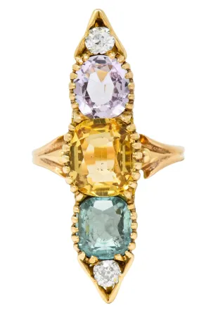 Victorian 7.30 CTW Topaz Tourmaline Diamond 14 Karat Gold Five Stone Dinner Ring