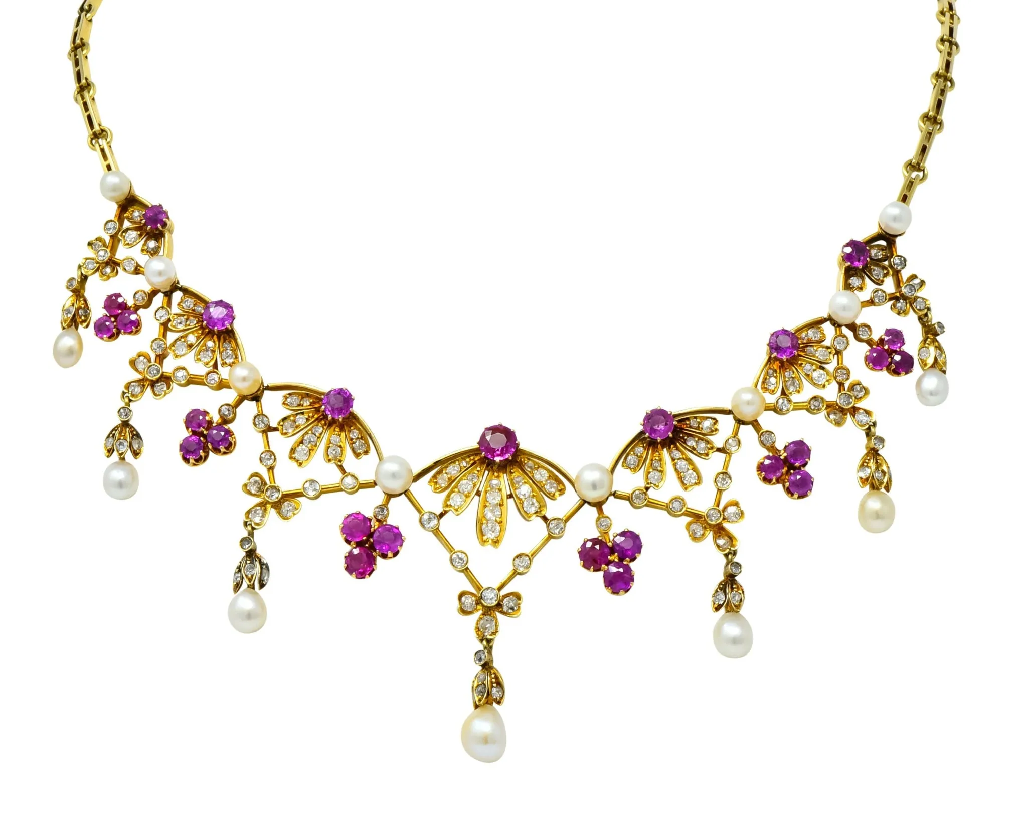 Victorian 7.95 CTW Diamond Ruby Pearl 18 Karat Gold Fringe Necklace