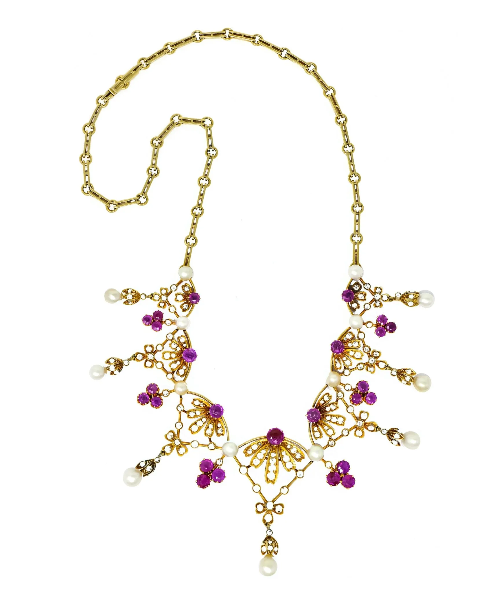 Victorian 7.95 CTW Diamond Ruby Pearl 18 Karat Gold Fringe Necklace