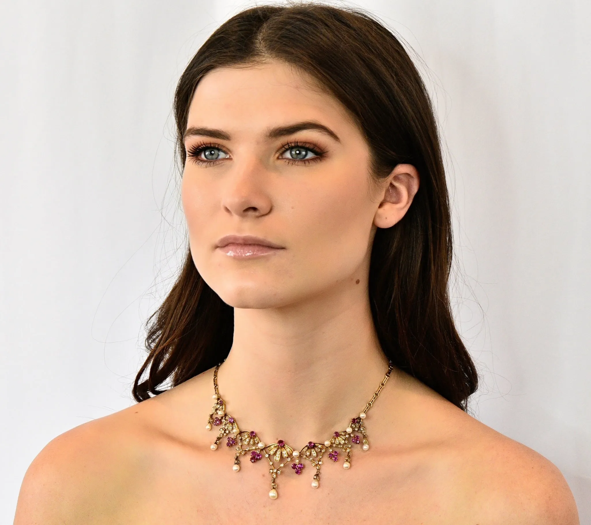 Victorian 7.95 CTW Diamond Ruby Pearl 18 Karat Gold Fringe Necklace