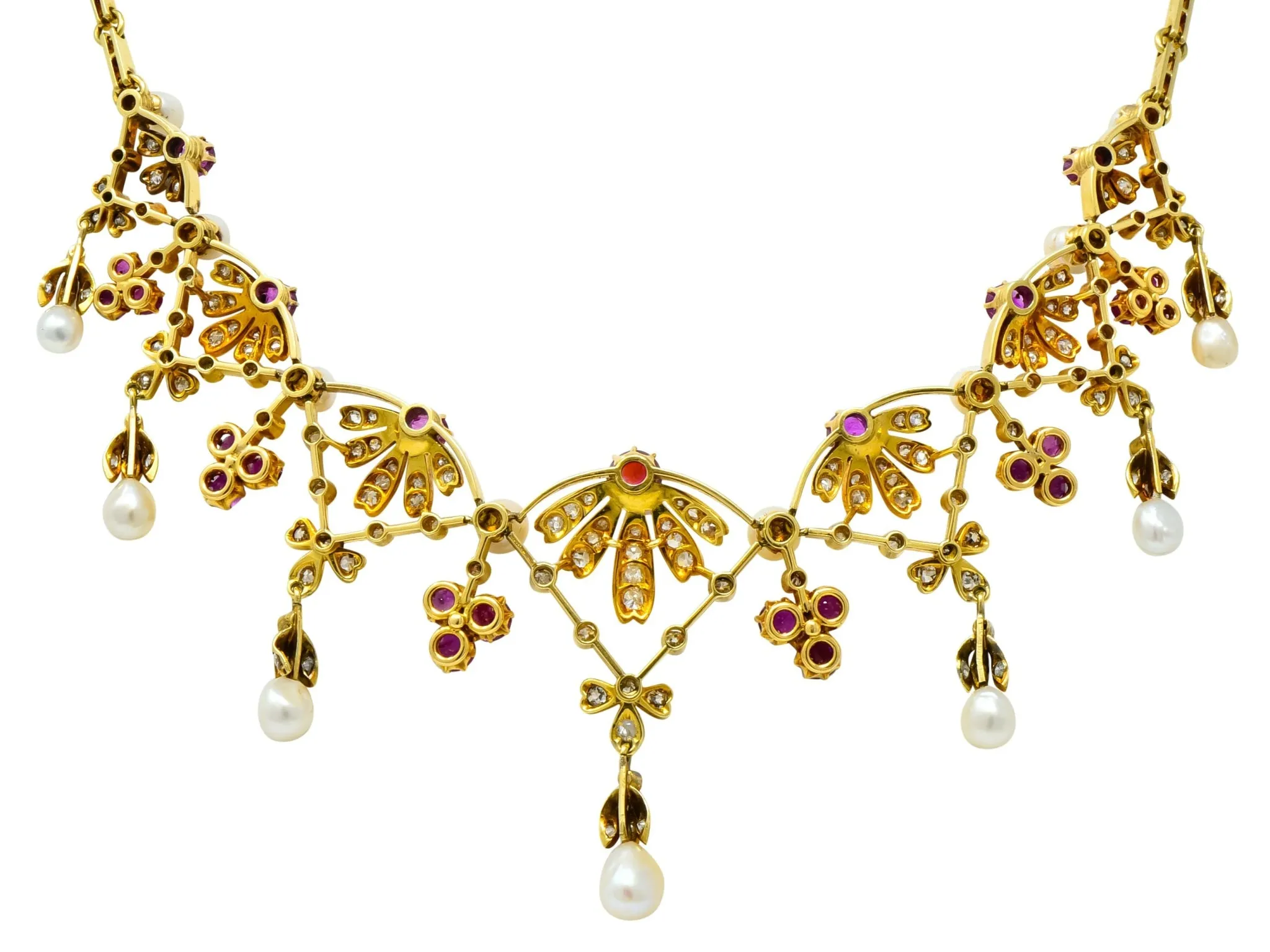 Victorian 7.95 CTW Diamond Ruby Pearl 18 Karat Gold Fringe Necklace