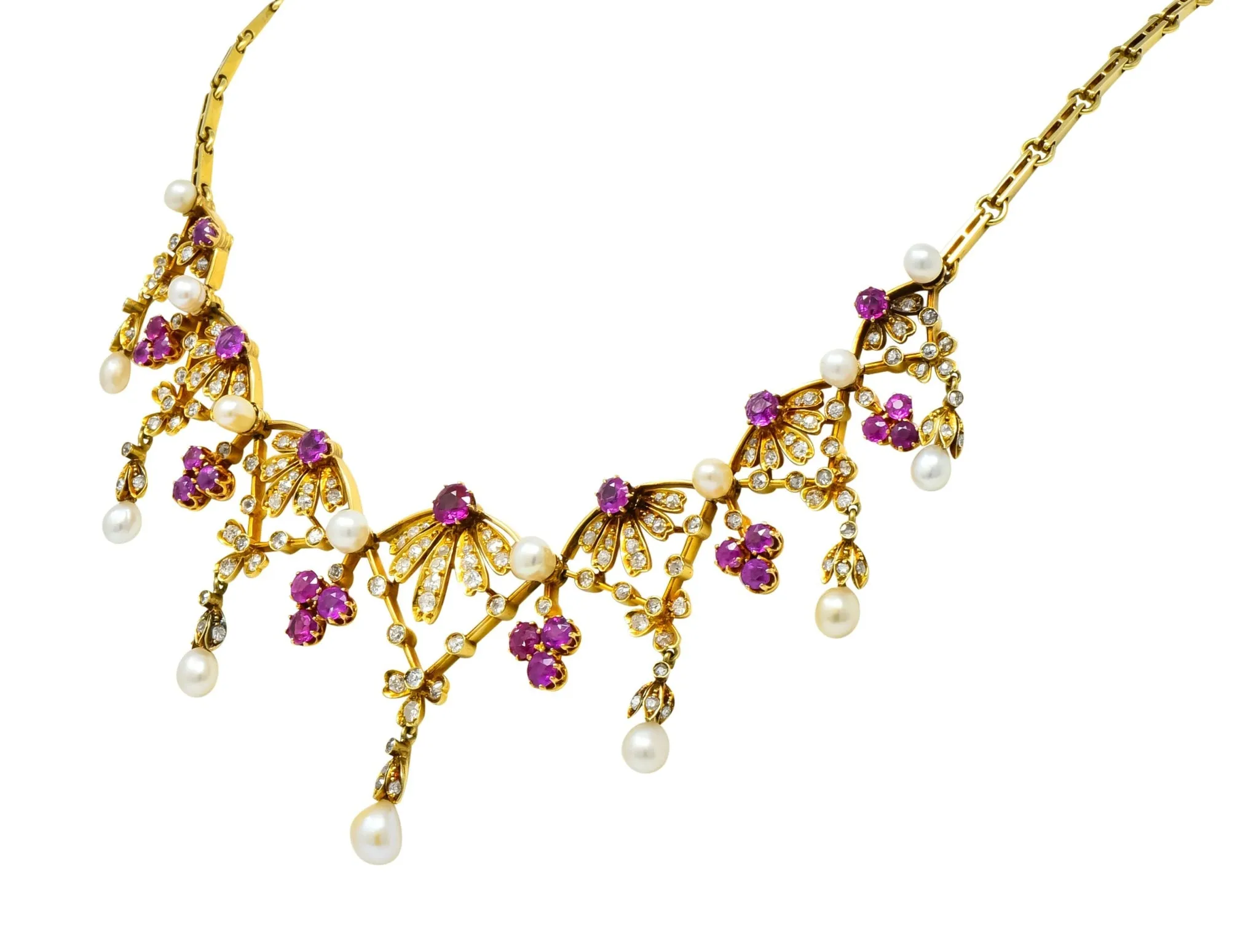 Victorian 7.95 CTW Diamond Ruby Pearl 18 Karat Gold Fringe Necklace