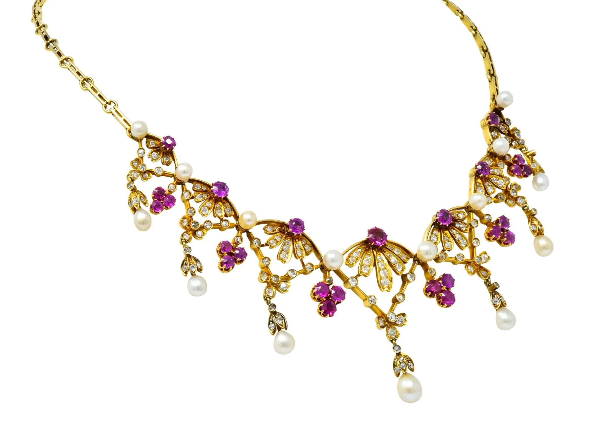 Victorian 7.95 CTW Diamond Ruby Pearl 18 Karat Gold Fringe Necklace