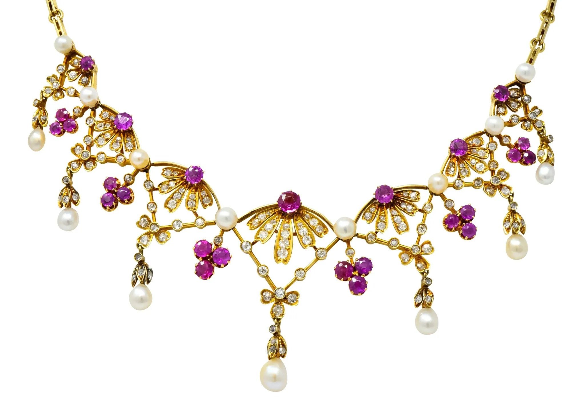 Victorian 7.95 CTW Diamond Ruby Pearl 18 Karat Gold Fringe Necklace