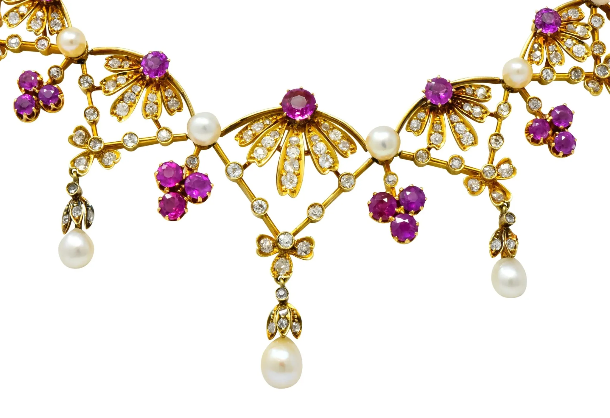 Victorian 7.95 CTW Diamond Ruby Pearl 18 Karat Gold Fringe Necklace