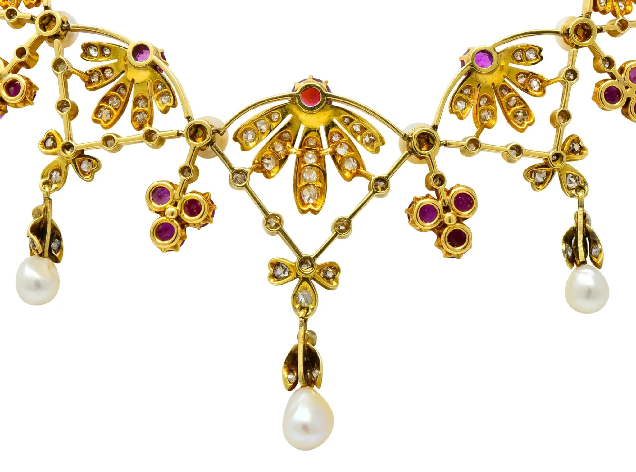 Victorian 7.95 CTW Diamond Ruby Pearl 18 Karat Gold Fringe Necklace