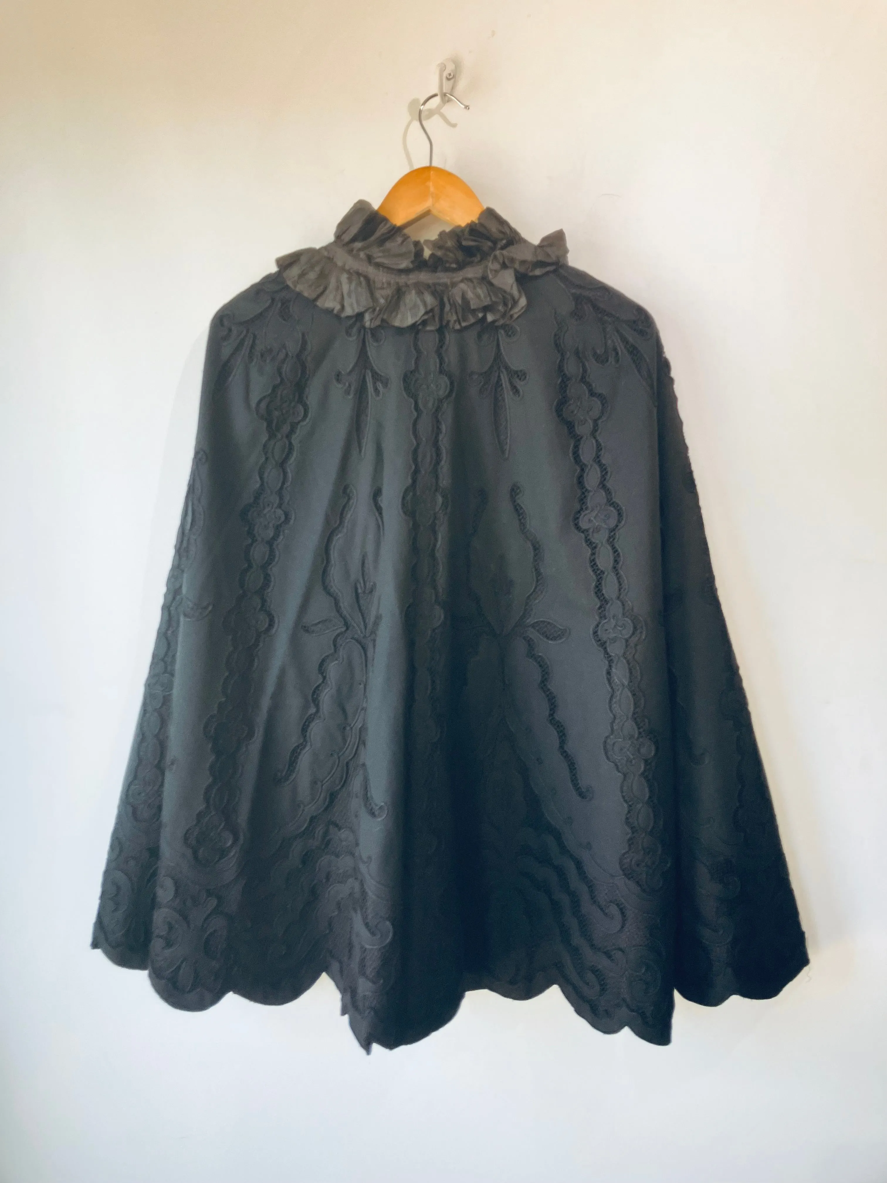 Victorian Black Wool Cape with Ruffled Silk Collar