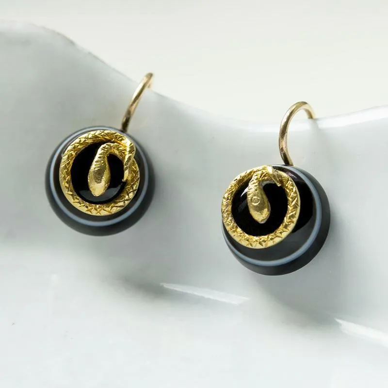 Victorian Bulls Eye Agate and Snake Earrings