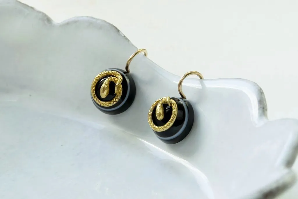 Victorian Bulls Eye Agate and Snake Earrings