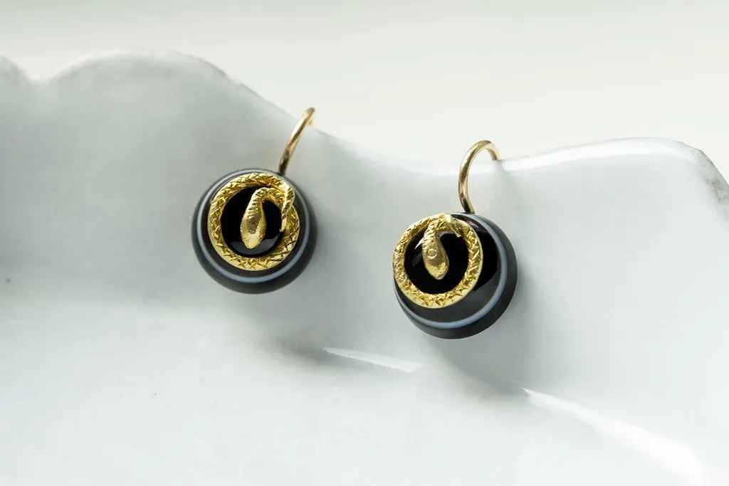 Victorian Bulls Eye Agate and Snake Earrings