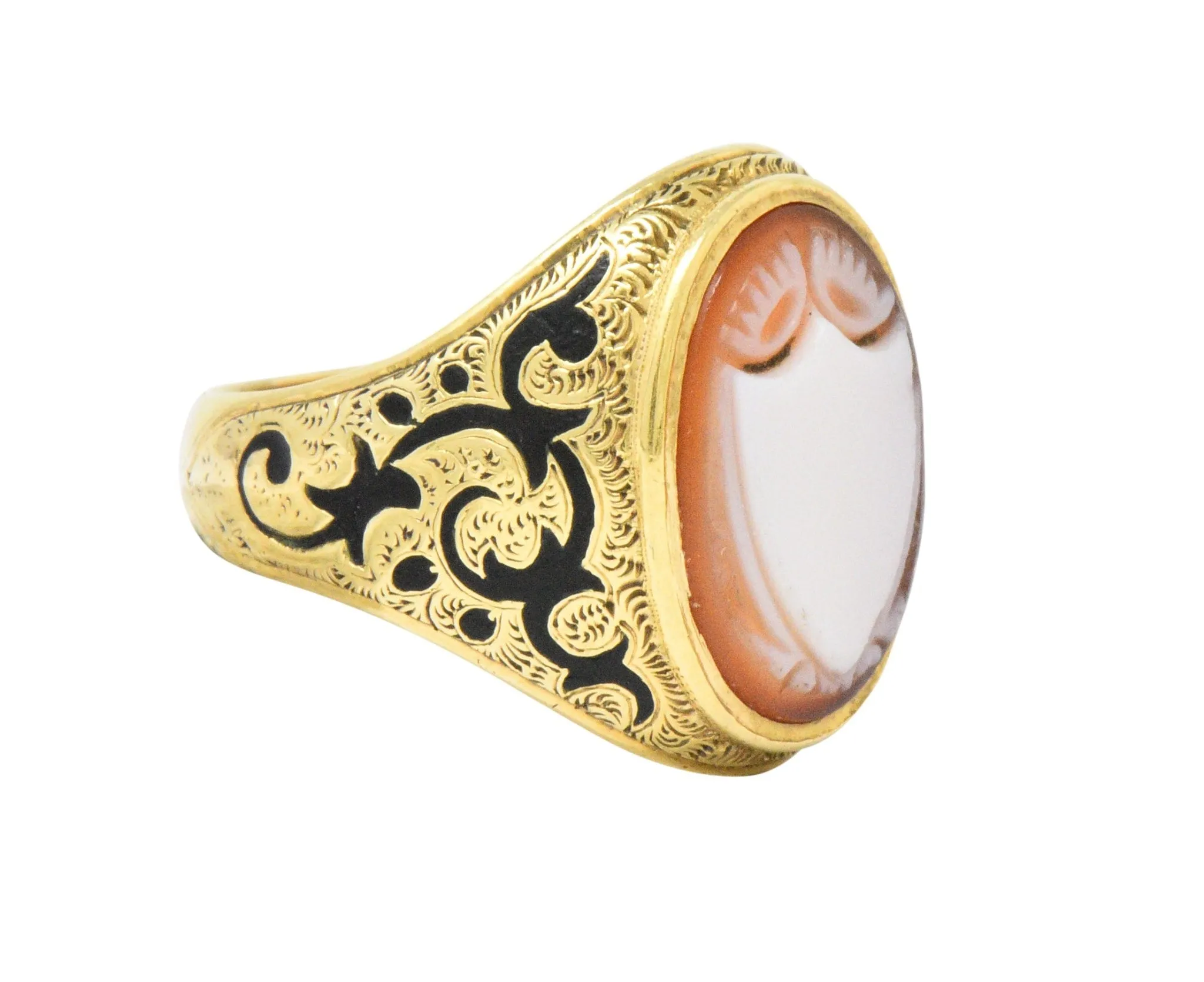Victorian Carved Hardstone Enamel 14 Karat Gold Shield Unisex Signet Ring