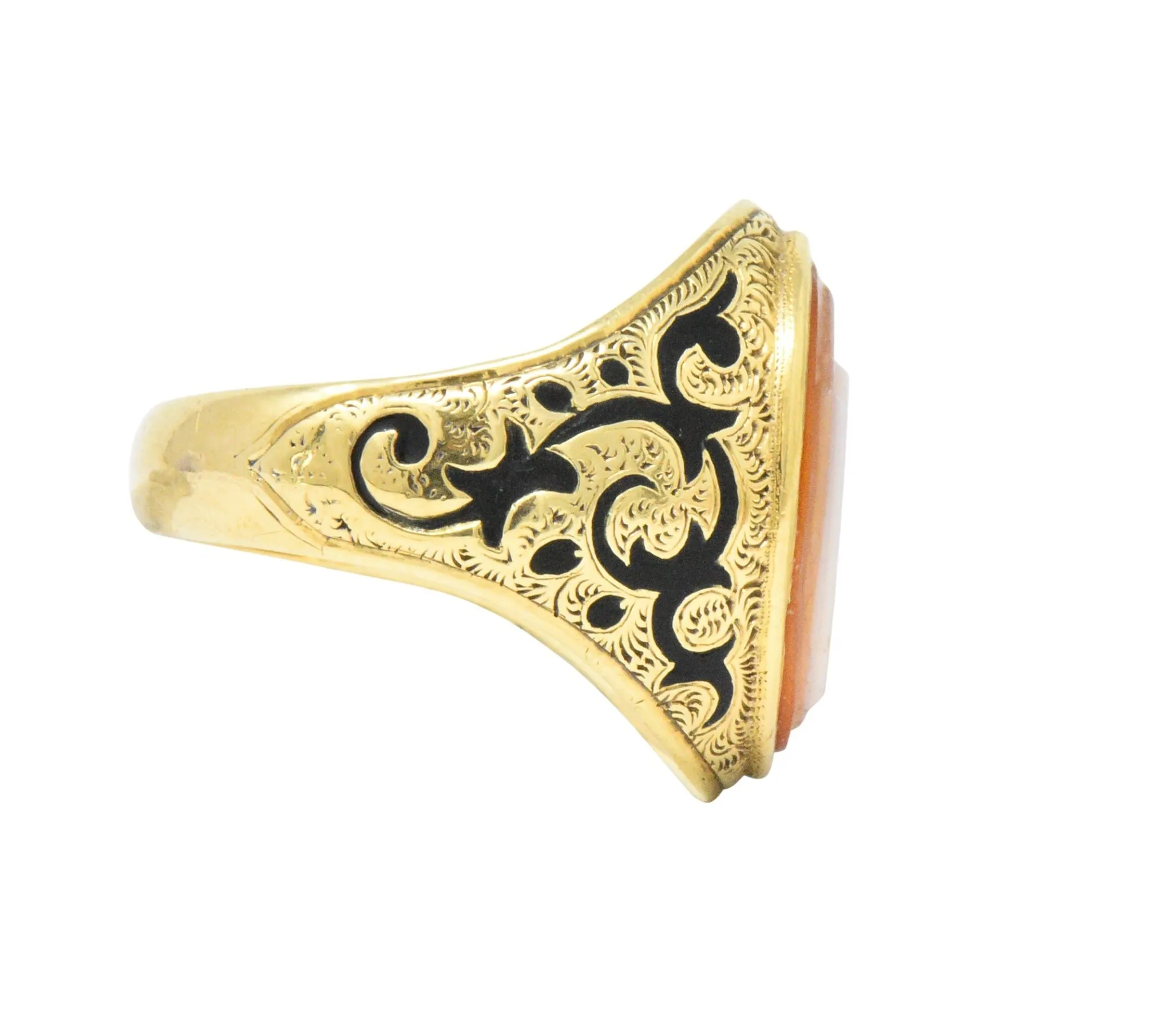 Victorian Carved Hardstone Enamel 14 Karat Gold Shield Unisex Signet Ring
