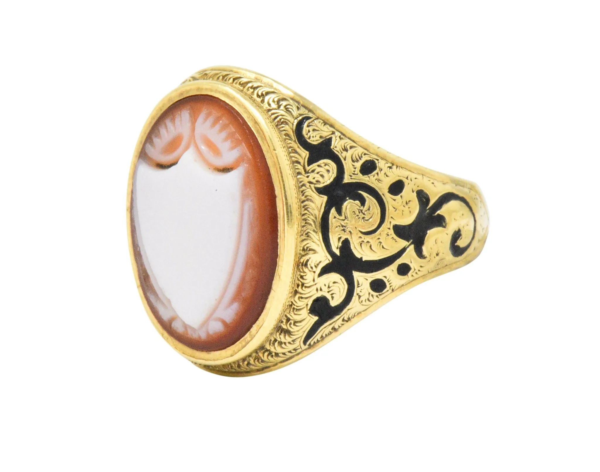 Victorian Carved Hardstone Enamel 14 Karat Gold Shield Unisex Signet Ring