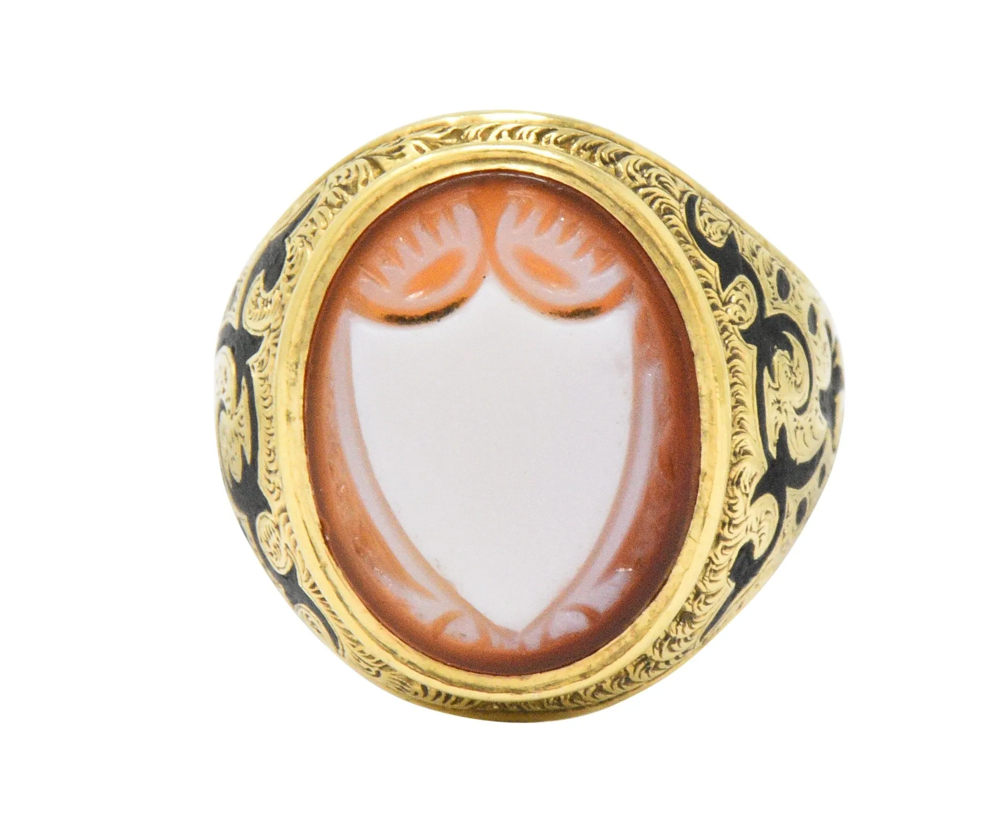 Victorian Carved Hardstone Enamel 14 Karat Gold Shield Unisex Signet Ring
