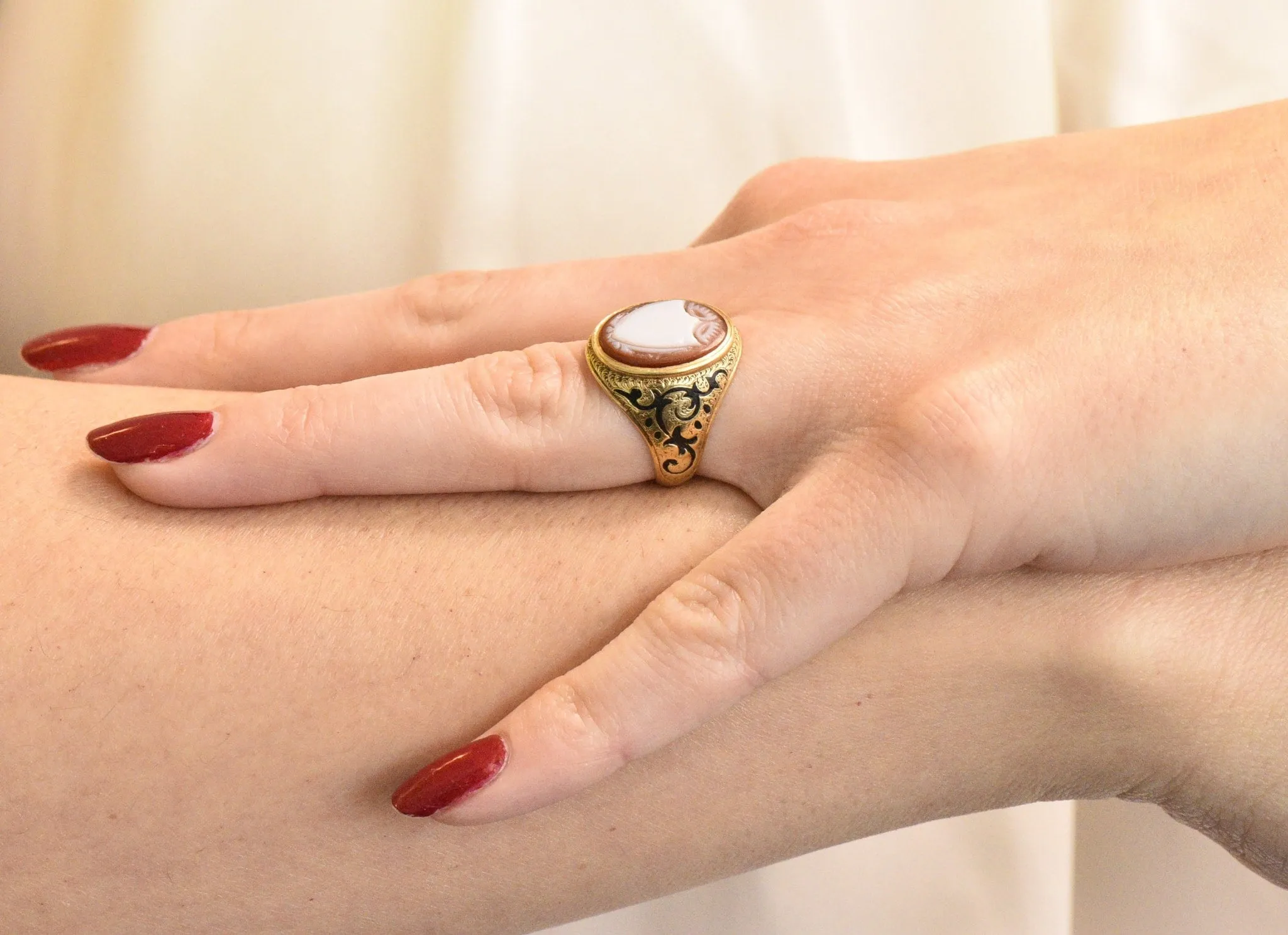 Victorian Carved Hardstone Enamel 14 Karat Gold Shield Unisex Signet Ring