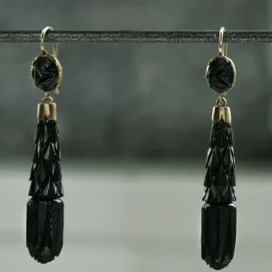 Victorian Carved Whitby Jet Drop Earrings