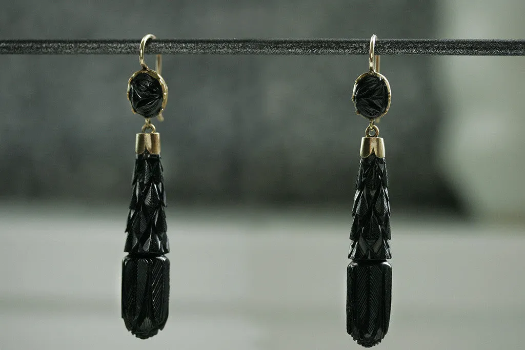 Victorian Carved Whitby Jet Drop Earrings