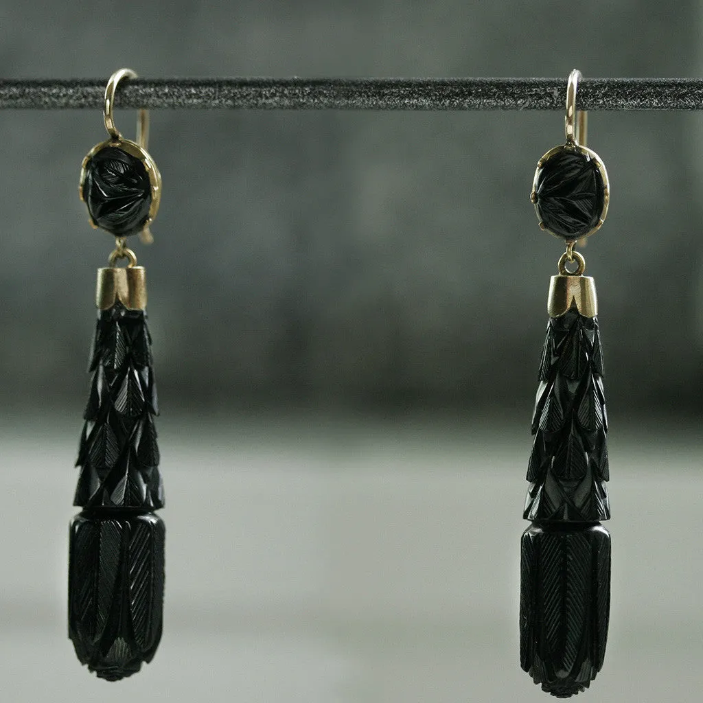 Victorian Carved Whitby Jet Drop Earrings