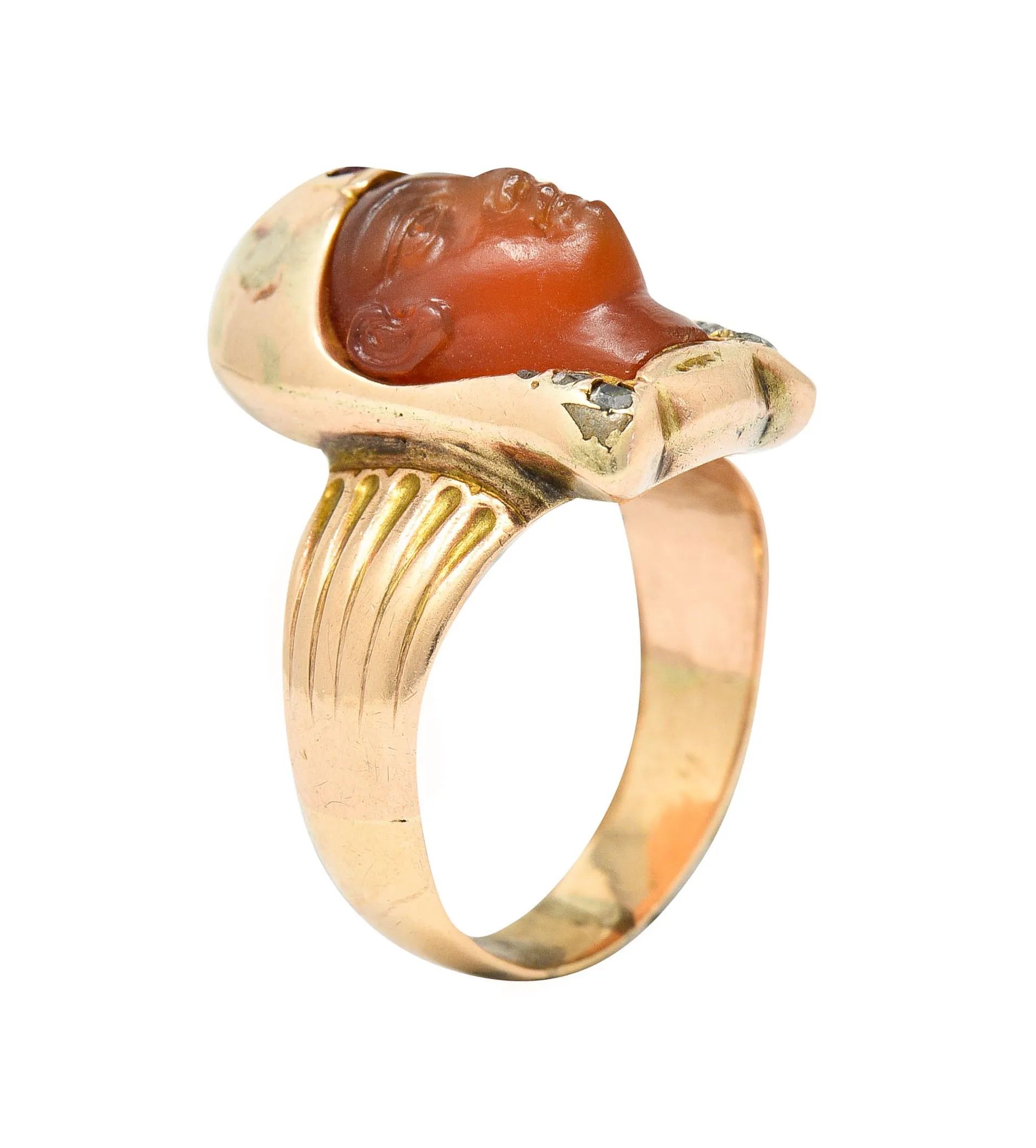 Victorian Egyptian Revival Carnelian Ruby Diamond 14 Karat Gold Pharaoh Ring