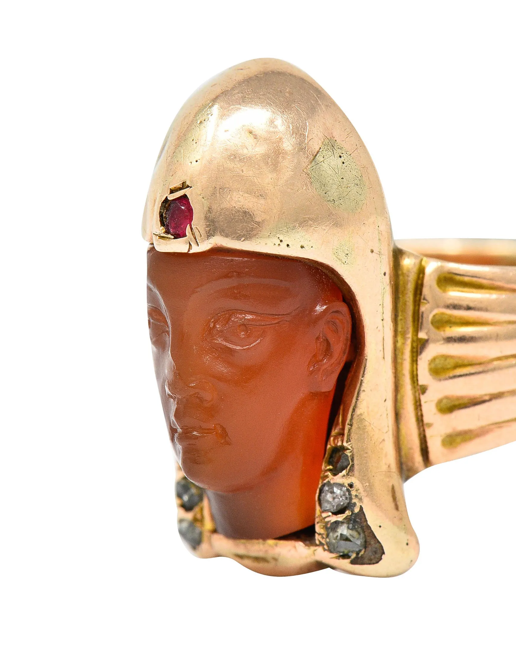Victorian Egyptian Revival Carnelian Ruby Diamond 14 Karat Gold Pharaoh Ring