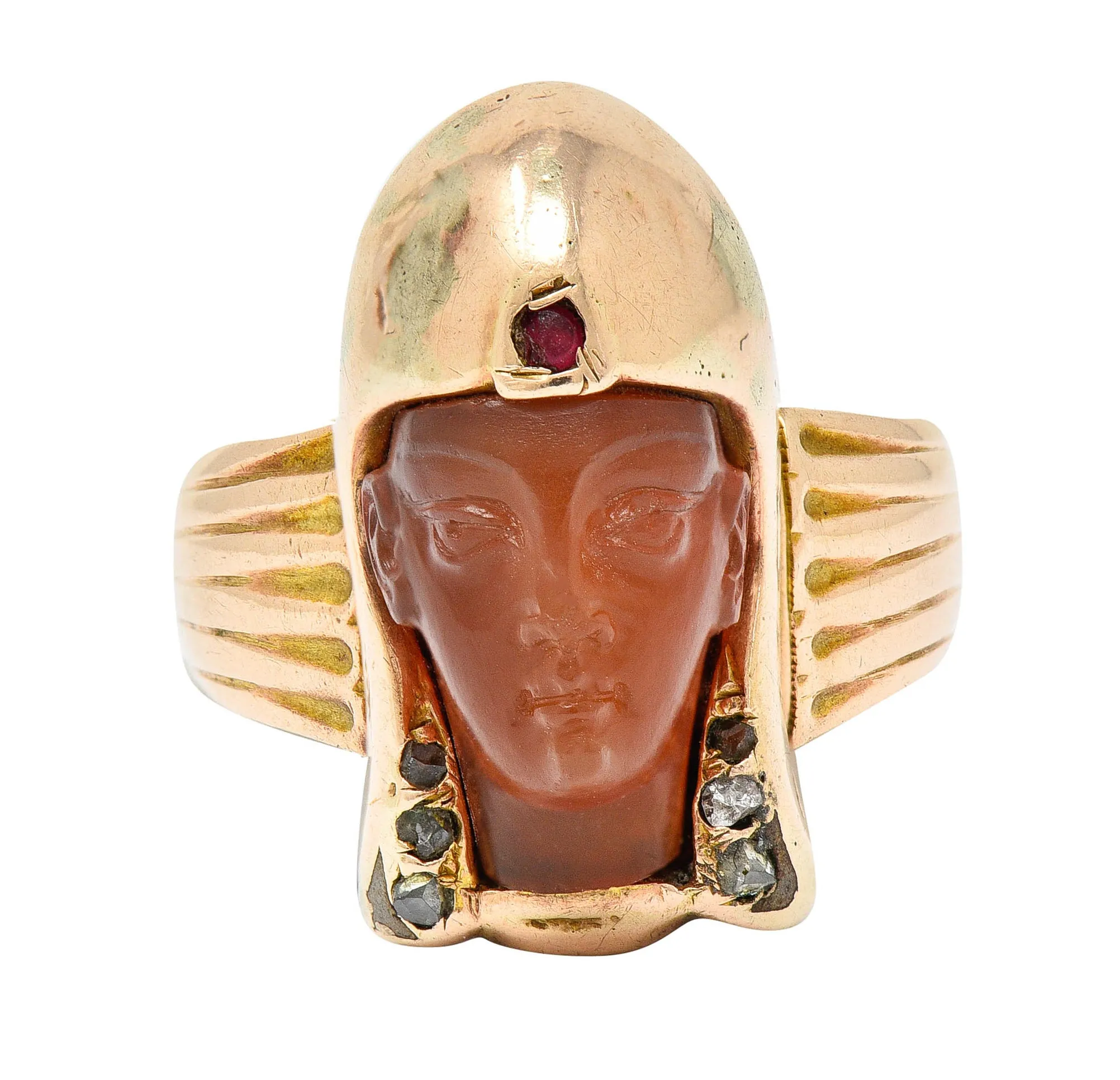 Victorian Egyptian Revival Carnelian Ruby Diamond 14 Karat Gold Pharaoh Ring