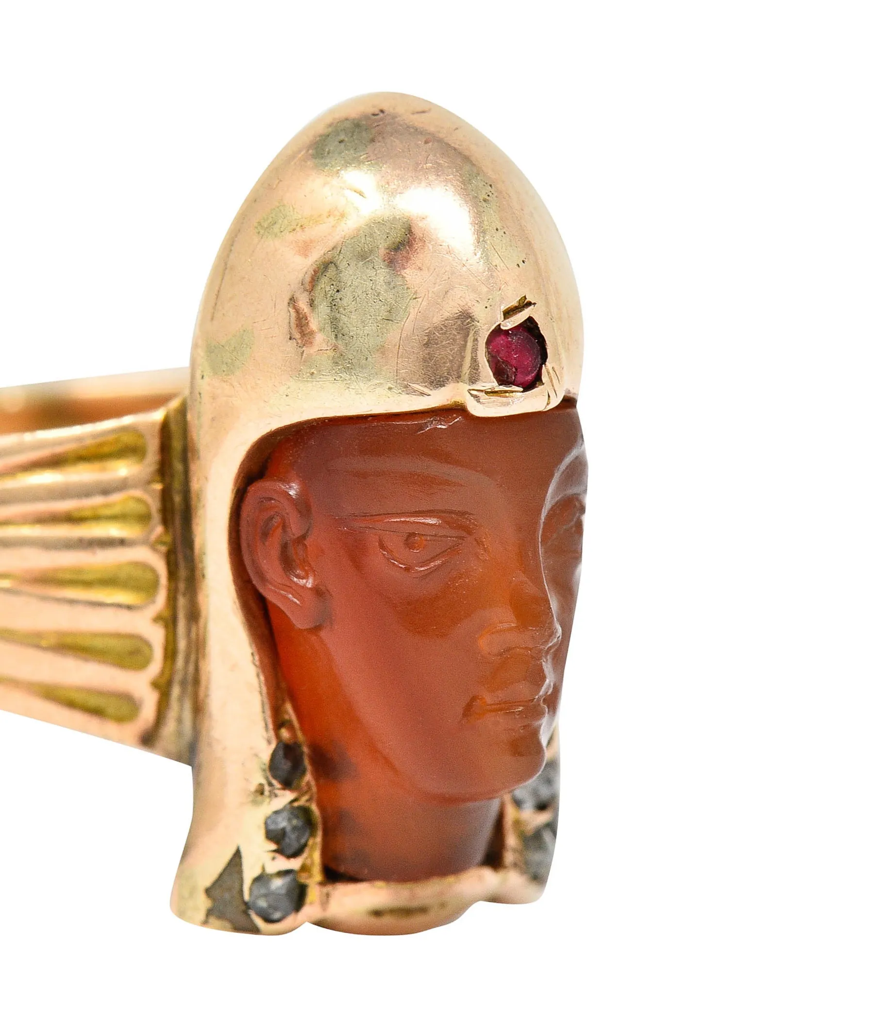 Victorian Egyptian Revival Carnelian Ruby Diamond 14 Karat Gold Pharaoh Ring
