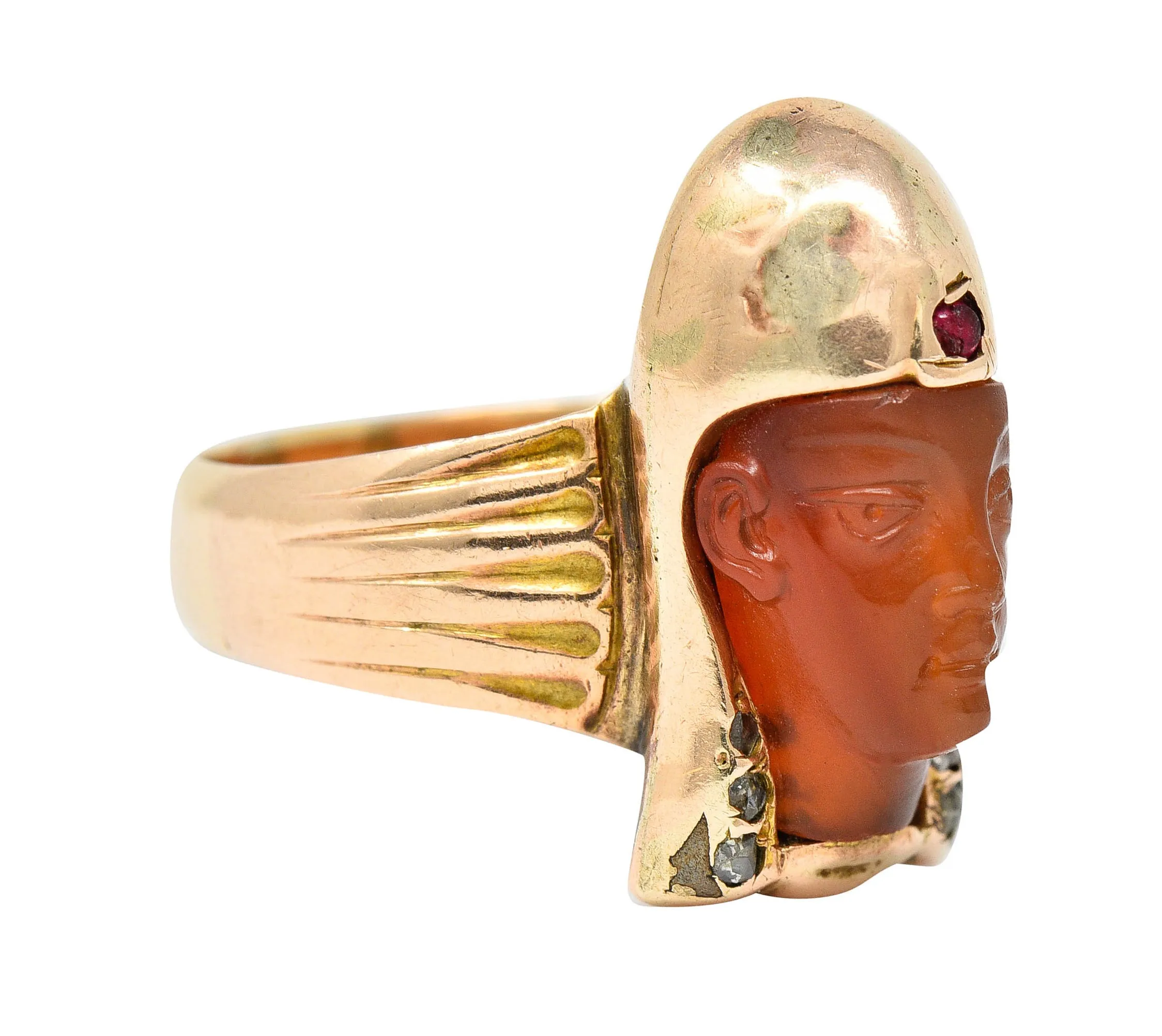 Victorian Egyptian Revival Carnelian Ruby Diamond 14 Karat Gold Pharaoh Ring