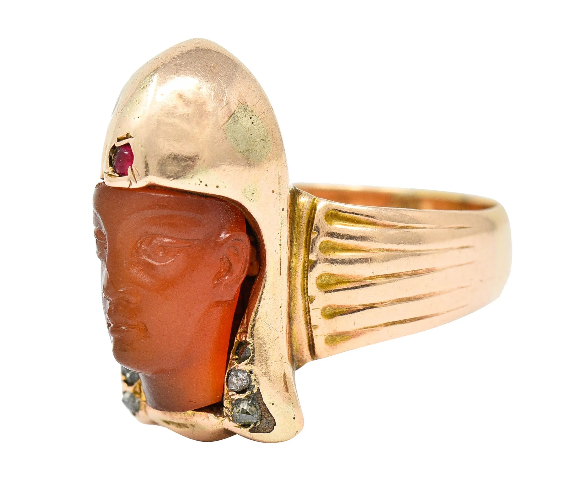 Victorian Egyptian Revival Carnelian Ruby Diamond 14 Karat Gold Pharaoh Ring
