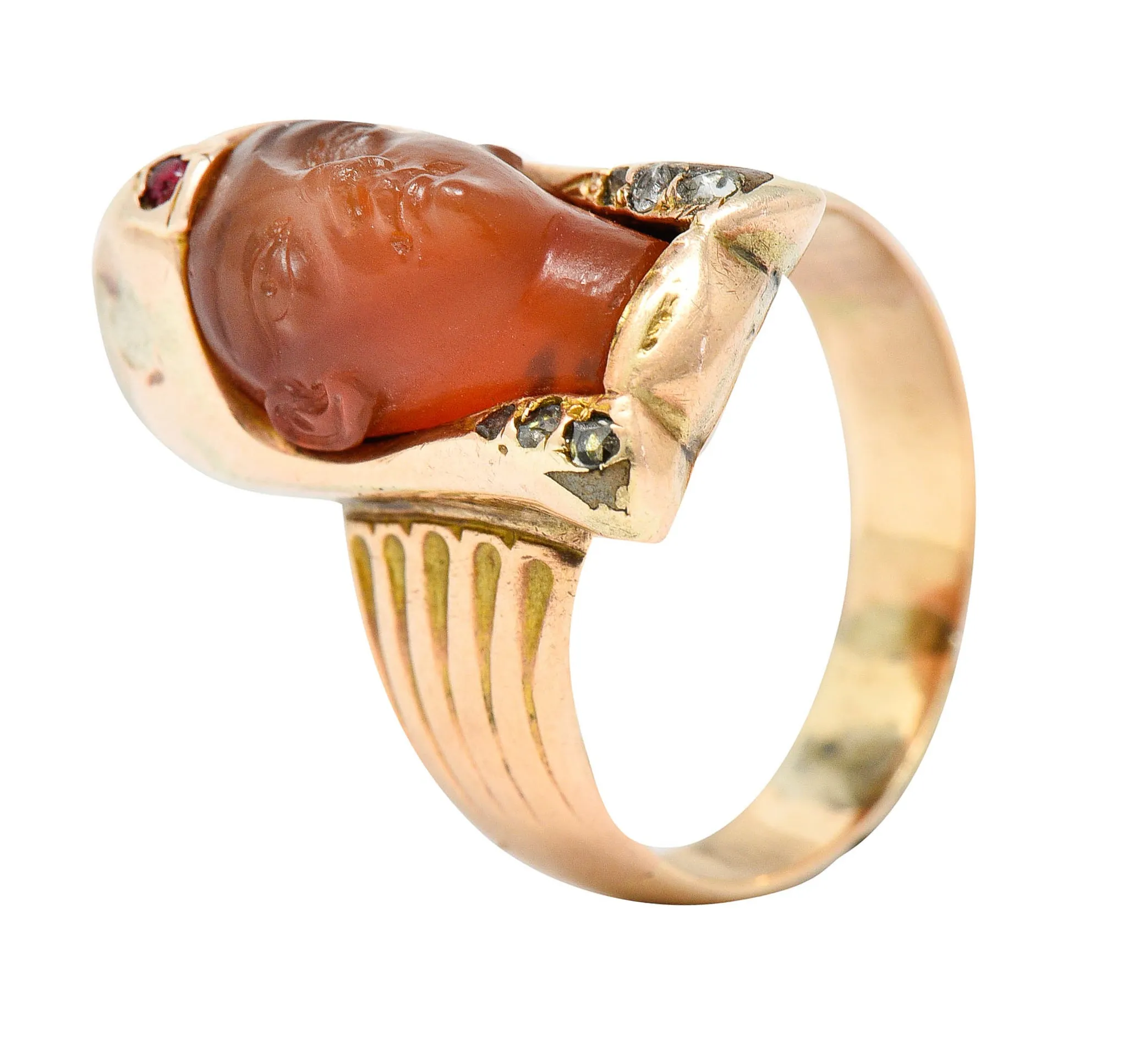 Victorian Egyptian Revival Carnelian Ruby Diamond 14 Karat Gold Pharaoh Ring