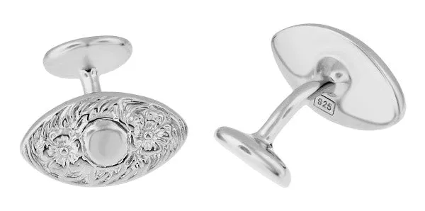 Victorian Floral Lozenge Shape Engravable Cufflinks in Sterling Silver