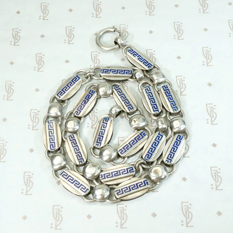 Victorian Greek Key Chain in Silver & Enamel