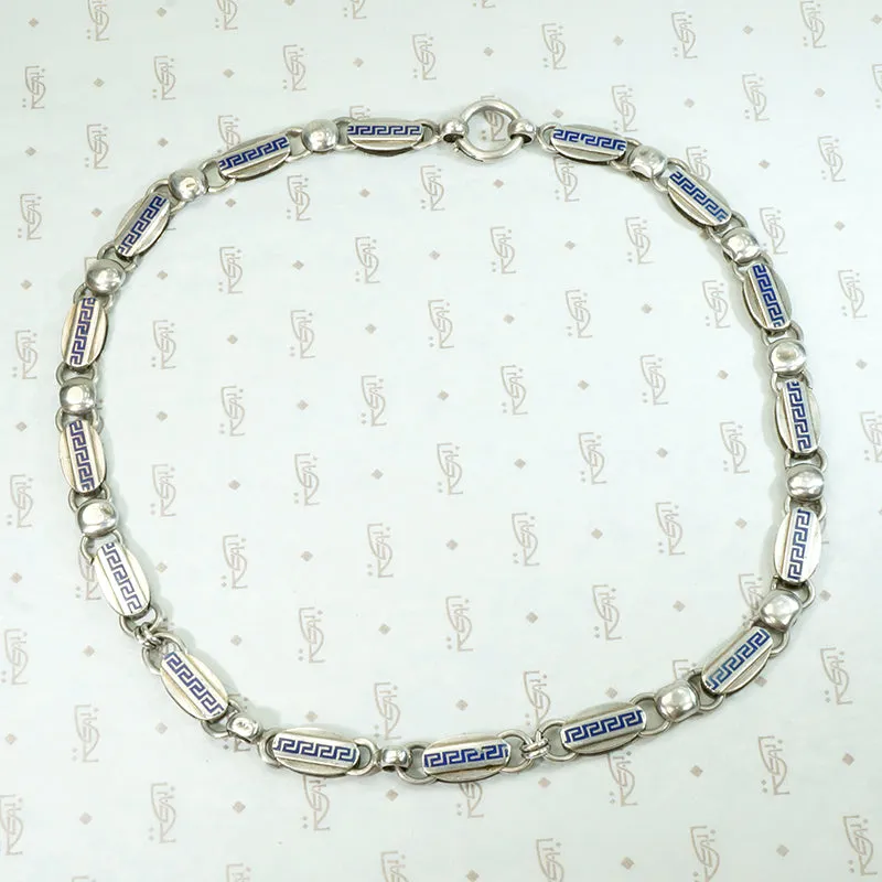 Victorian Greek Key Chain in Silver & Enamel
