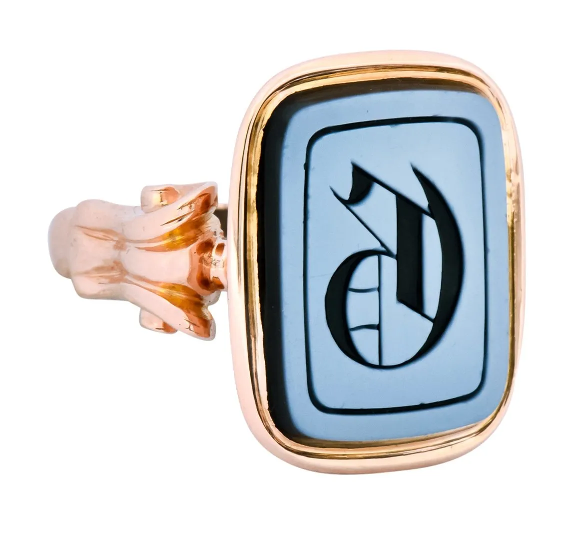 Victorian Hardstone Intaglio 14 Karat Rose Gold Lettered Signet Ring