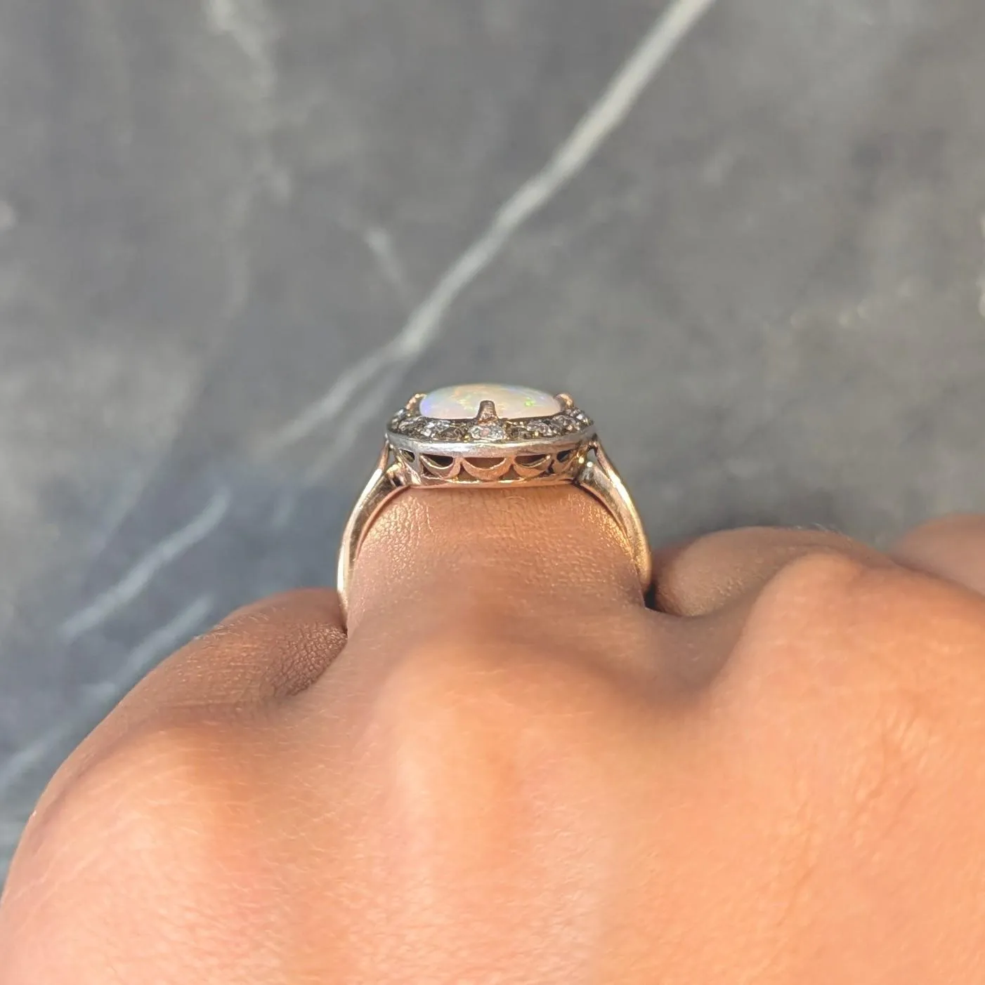Victorian Opal Diamond 18 Karat Yellow Gold Antique Halo Ring