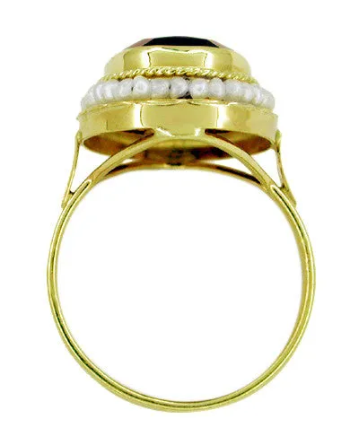 Victorian Oval Almandine Red Garnet and Seed Pearl Ring in 14 Karat Yellow Gold