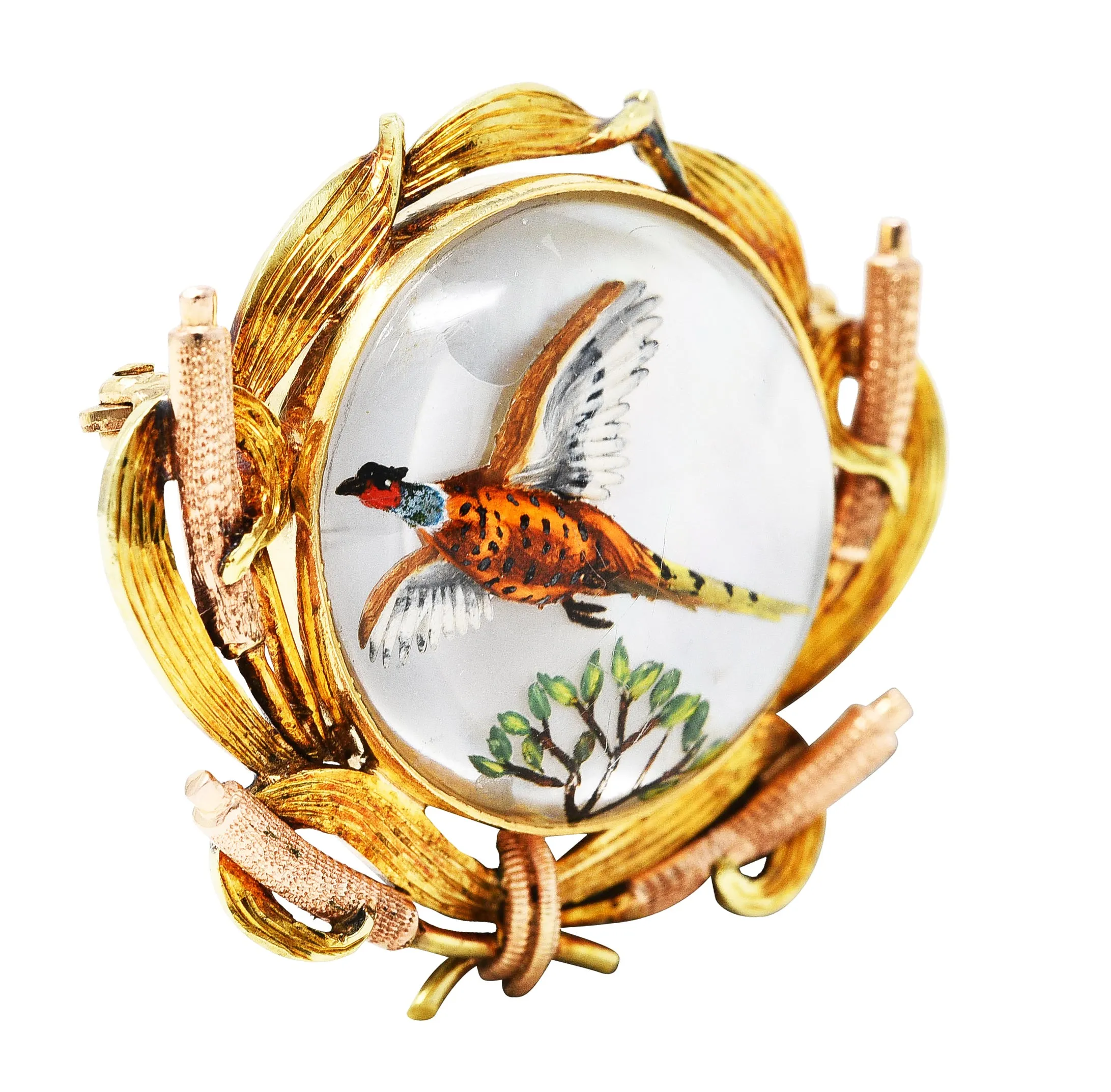 Victorian Painted Essex Crystal Mother-Of-Pearl 14 Karat Two-Tone Gold Pheasant Cattail Antique Brooch