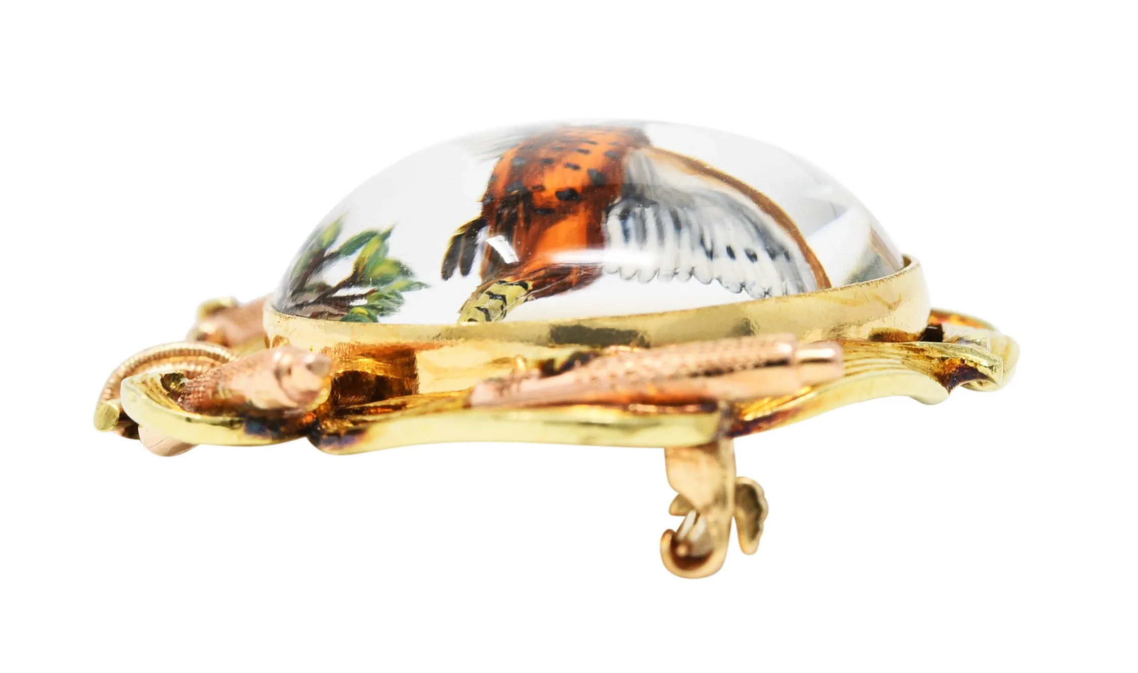 Victorian Painted Essex Crystal Mother-Of-Pearl 14 Karat Two-Tone Gold Pheasant Cattail Antique Brooch