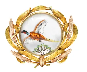 Victorian Painted Essex Crystal Mother-Of-Pearl 14 Karat Two-Tone Gold Pheasant Cattail Antique Brooch