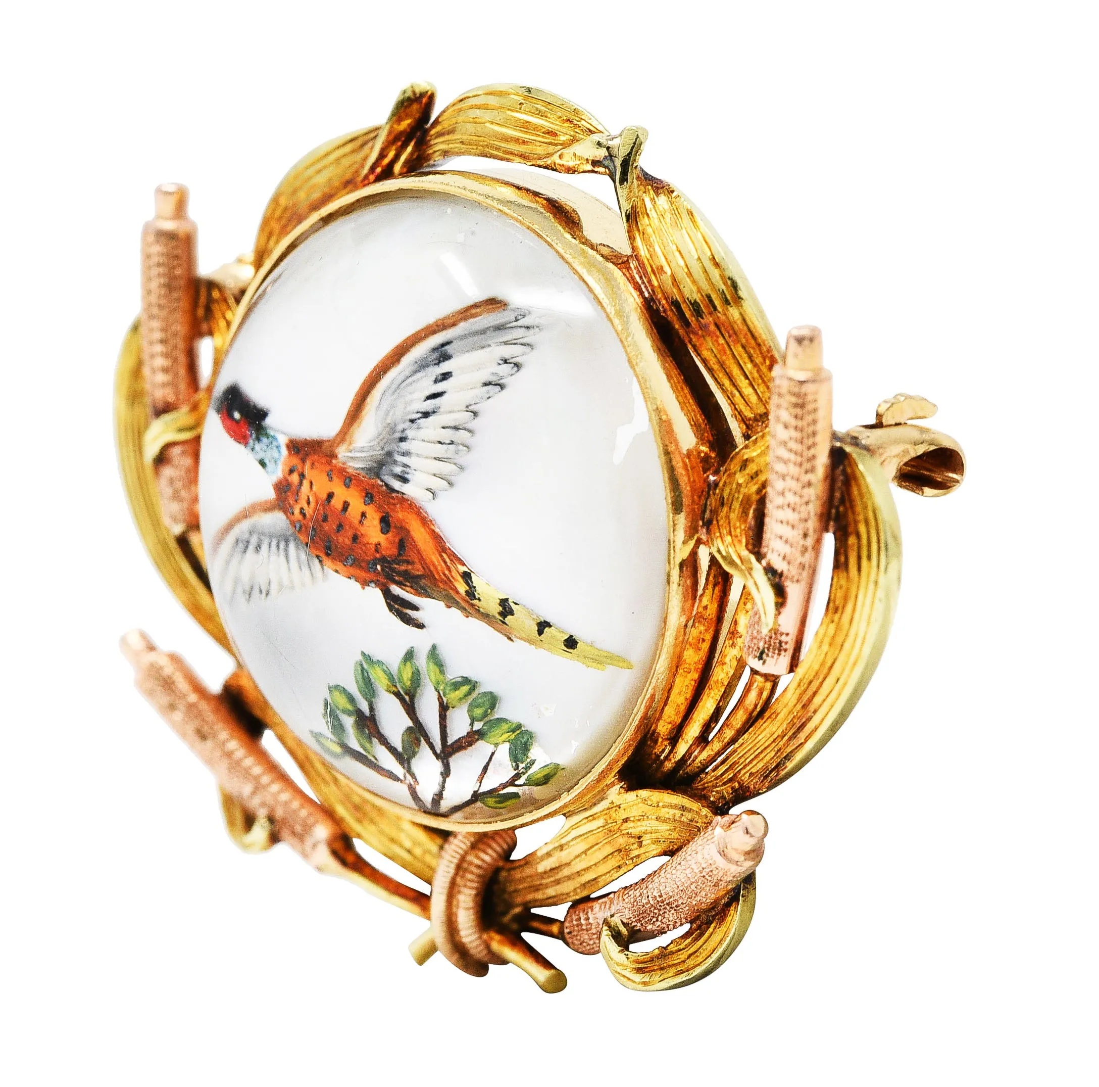 Victorian Painted Essex Crystal Mother-Of-Pearl 14 Karat Two-Tone Gold Pheasant Cattail Antique Brooch