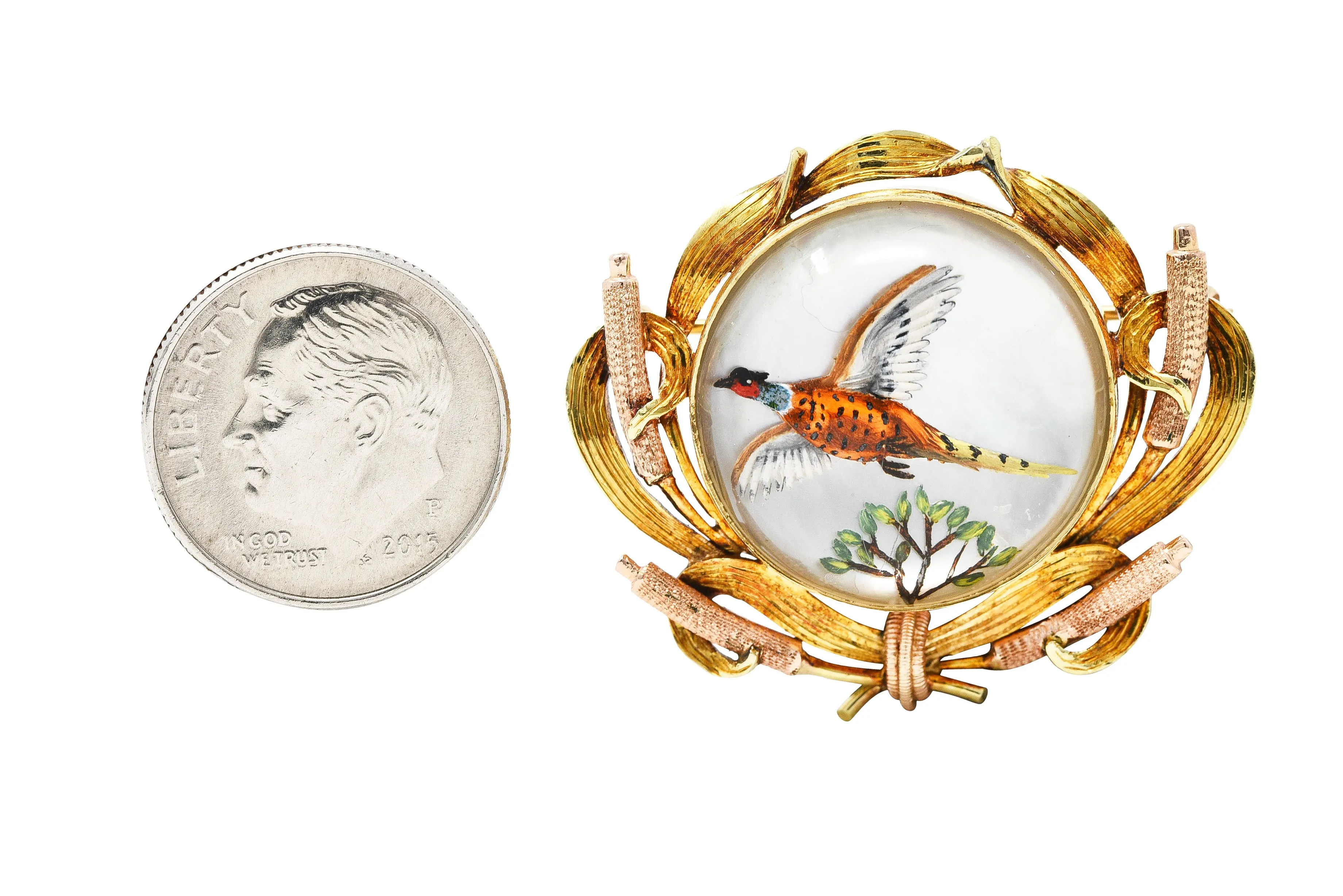 Victorian Painted Essex Crystal Mother-Of-Pearl 14 Karat Two-Tone Gold Pheasant Cattail Antique Brooch