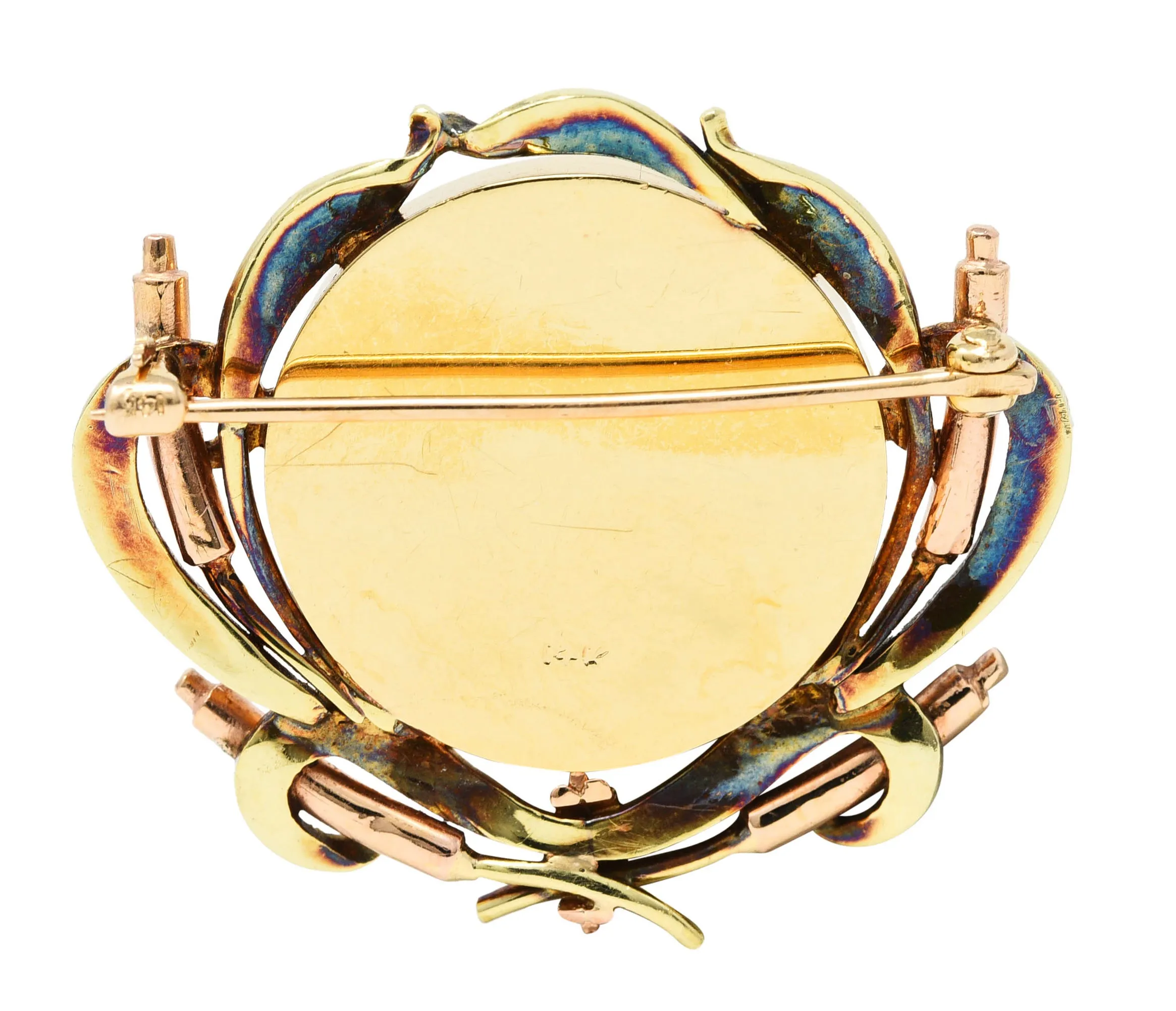 Victorian Painted Essex Crystal Mother-Of-Pearl 14 Karat Two-Tone Gold Pheasant Cattail Antique Brooch