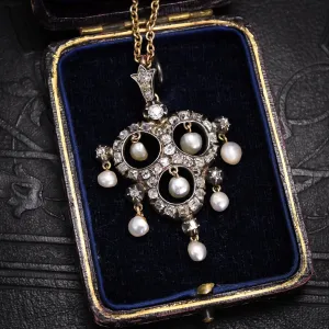 Victorian Pearl & Old Cut Diamond Trefoil Pendant