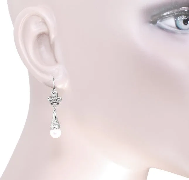 Victorian Pearl Drop Earrings in 14 Karat White Gold