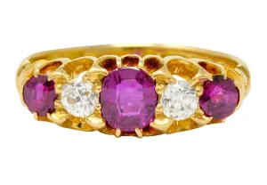 Victorian Ruby Diamond 18 Karat Gold Five Stone Ring