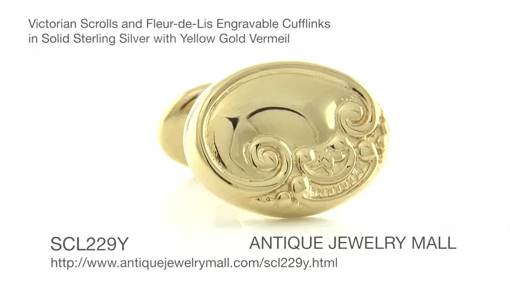 Victorian Scrolls and Fleur-de-Lis Engravable Cufflinks in Solid Sterling Silver with Yellow Gold Vermeil