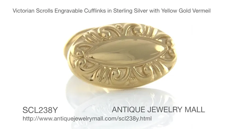 Victorian Scrolls Engravable Cufflinks in Sterling Silver with Yellow Gold Vermeil