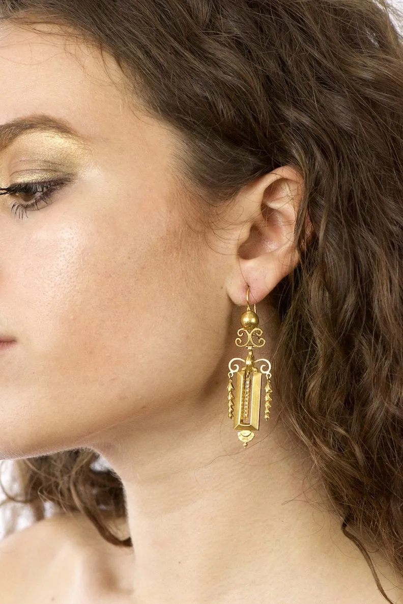 Victorian Seed Pearl & 14K Gold Drop Earrings, CA 1890